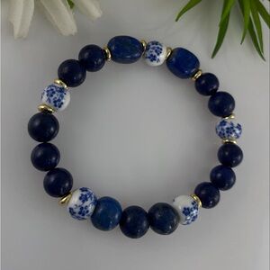 Lapis Lazuli & Blue Flower Porcelain Gold Filled Beaded Bracelet Healing Gemston
